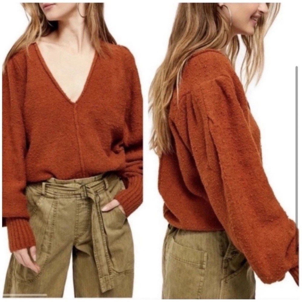 Free People Rust Orange Boucle Sweater Small Deep V Neck Cropped Balloon Sleeve